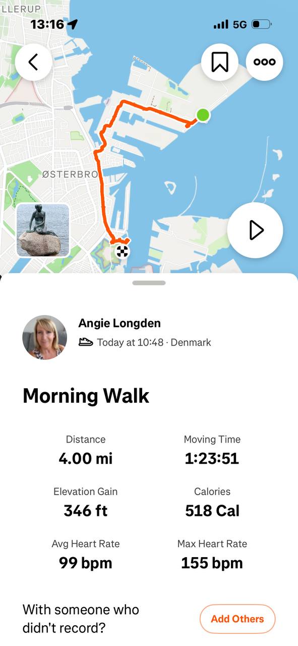 Strava activity map showing a 4-mile walk around Østerbro in Copenhagen, Denmark, with a thumbnail of the Little Mermaid statue
