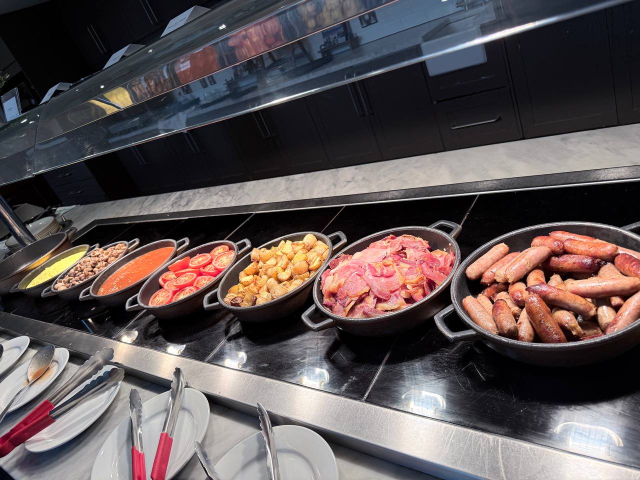 Full English breakfast buffet spread at the hotel before boarding the Majestic Princess