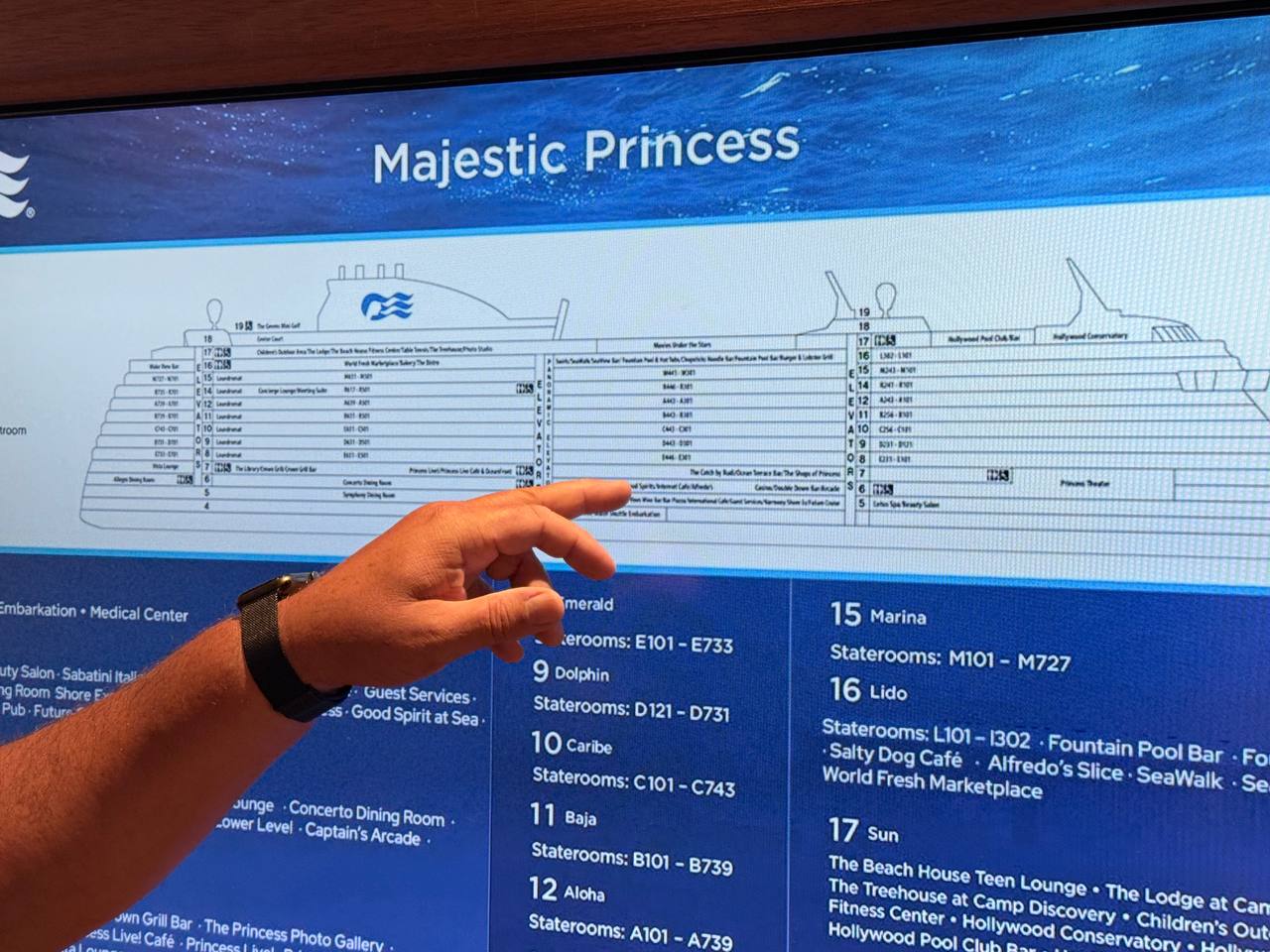 Person pointing at the deck plan display on Majestic Princess
