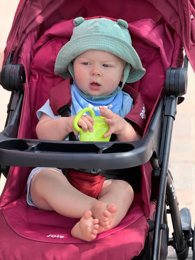 Theo in his stroller at Viking Bay, Broadstairs