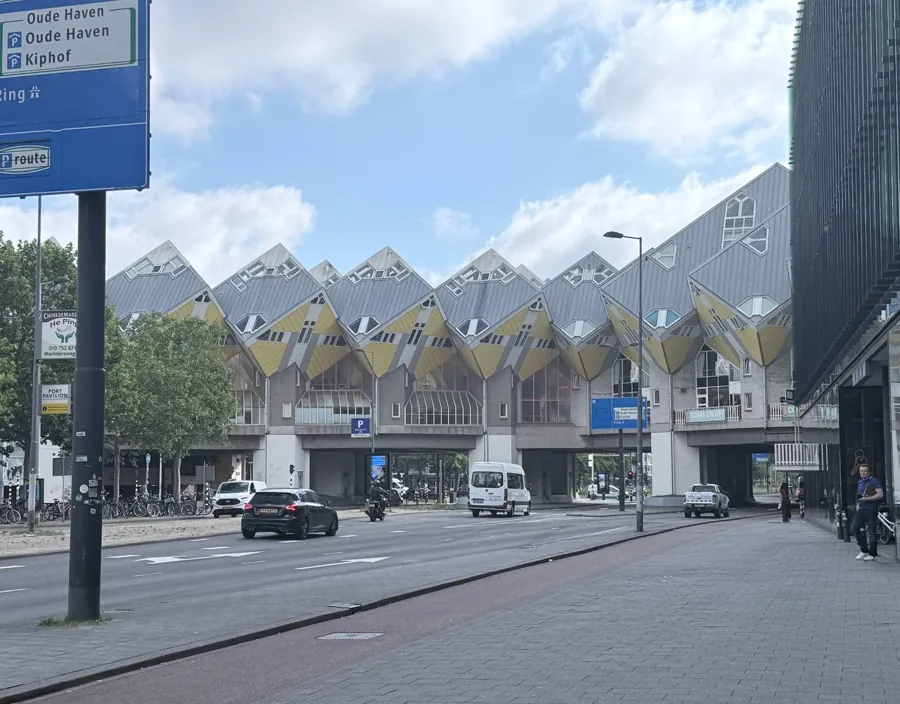 The yellow Cube Houses in Rotterdam, tilted at 45 degrees