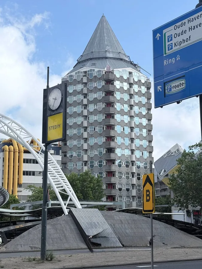 Street scene in Rotterdam with clock tower