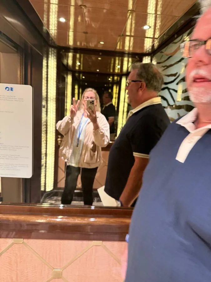 Three people in mirror selfie in elevator area