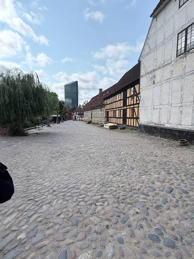 Cobblestone lane in Den Gamle By with a weeping willow tree and modern tower in background