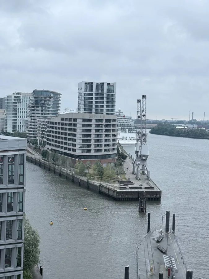 Modern waterfront with crane, cruise ship and residential towers on grey day